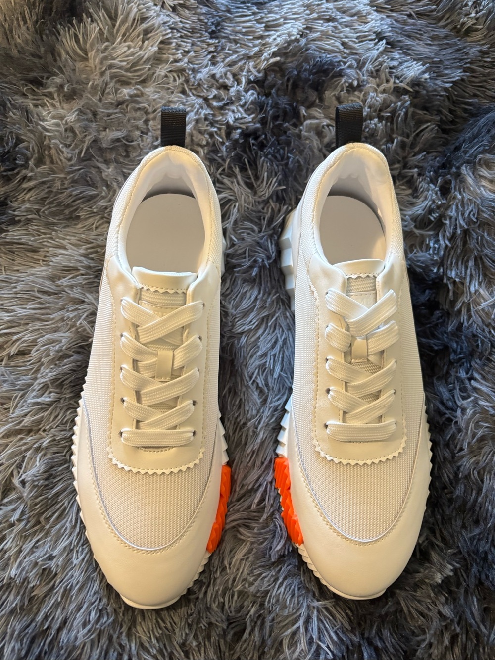 Hermes White Cream Leather & Mesh Sneakers with Black and Orange Accents - Picture 2 of 6